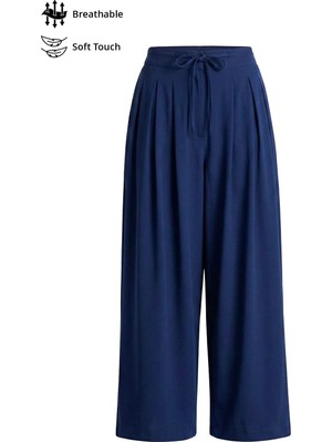 Cottonhill Lacivert Viskon Basic Yüksek Bel Bol Paça Bağcıklı Kadın Pantolon