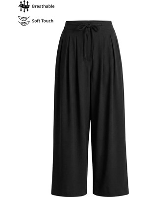 Cottonhill Siyah Viskon Basic Yüksek Bel Bol Paça Bağcıklı Kadın Pantolon