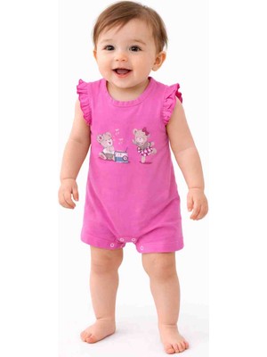 Kral Bebe Kız Bebek Pembe Tulum – Fırfır Kollu Ayıcıklı Yazlık Tulum