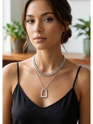 Vintage Takı Gümüş Kaplama Geometrik Çerçeve Uçlu Ikili Zincir Kolye Seti Modern Layering Kombini