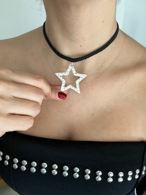 Vintage Takı Siyah Deri Ipli Vintage Otantik Gümüş Kaplama Yıldız Boğaz Choker