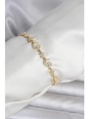 Pirinç Gold Renk Zirkon Taşlı Ay ve Yıldız Model Kadın Bileklik - Lisinya