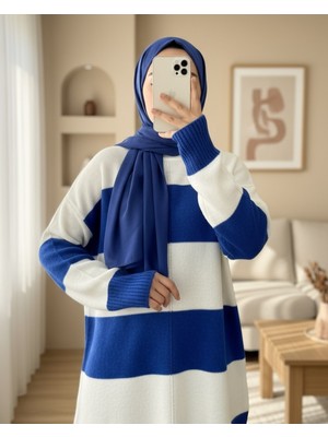 Moda Morfo Kalın Çizgili Triko Tunik  -Saks