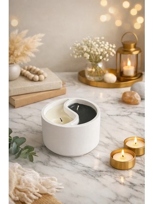 Çağıl Candles El Yapımı Ying Yang Mum – Dekoratif Beton Kap, Siyah Beyaz Aromaterapi Mum
