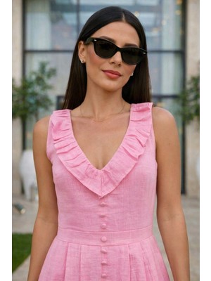 Asprin Fashion V Yaka Önü Süs Düğmeli Keten Elbise