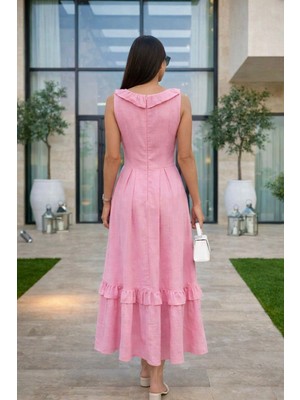 Asprin Fashion V Yaka Önü Süs Düğmeli Keten Elbise