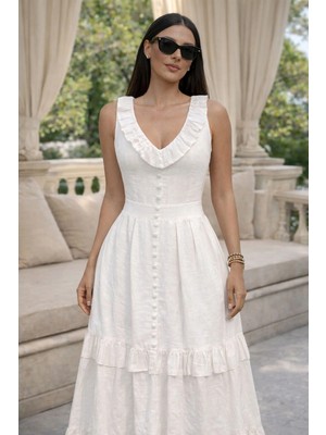 Asprin Fashion V Yaka Önü Süs Düğmeli Keten Elbise