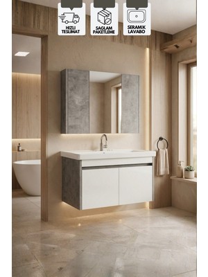Karen Banyo Retro 80 cm Lavabolu, Aynalı Banyo Dolabı, Retro Gümüş-Beyaz, seramik Lavabo Dahil