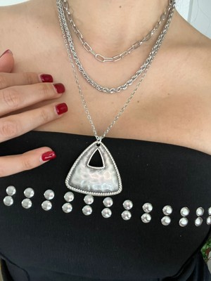 Vintage Takı Gümüş Renk Üçlü Katmanlı Zincir Kolye : Üçgen Uçlu Çoklu Kombin Set