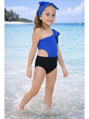 MonsterÇocuk - 🌸Kız Çocuk Mayo Tek Omuz Fırfırlı & Bandana 2'li Set ( 5-6 Yaş )