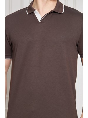 Erkek Jeuss Oysho Kumaş Yakalı Kahverengi Tshirt