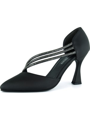 Erkan Saçmacı Alessi Siyah Saten Taşlı Sivri Burun Kadeh Topuklu Abiye Ayakkabı