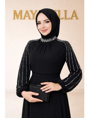 MayaBella Maya Bella Kolları Işlemeli Tesettür Abiye Şifon Kumaşlı Uzun Kol Siyah Renkli Özel Tasarım