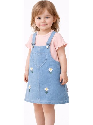 Dinamik çocuk Kız Bebek Kot Görünümlü Esnek Jile 2li Takım Yazlık Elbise Kalp Nakışlı Papatyalı Salopet + Basic Tişört 6-9-12-18-24 Aylık