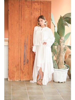 Die&More Bağlama Detaylı Balon Kol Salaş Gofre Bluz