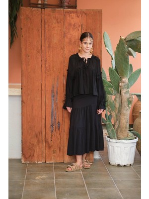 Die&More Bağlama Detaylı Balon Kol Salaş Gofre Bluz