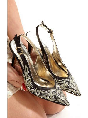Asmi Shoes Kadın Svetlana Siyah Nakışlı Taş Detaylı Ince Topuklu Abiye Stiletto Ayakkabı