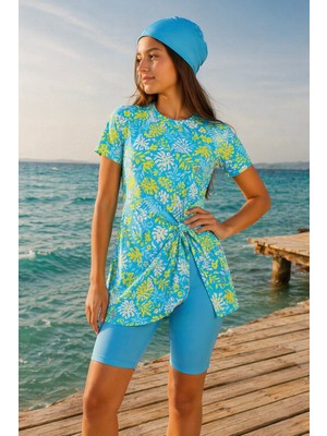 Bilge Trend Kız Çocuk Sarı Çiçekli 3 Parça Boneli Yarı Tesettür Deniz Havuz Mayo Takımı