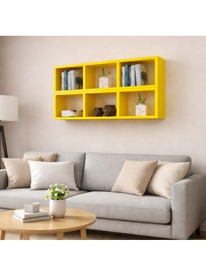 Dekormer Design Kitaplık Yatay Lux Duvar Rafı Mobilya Takım Sarı