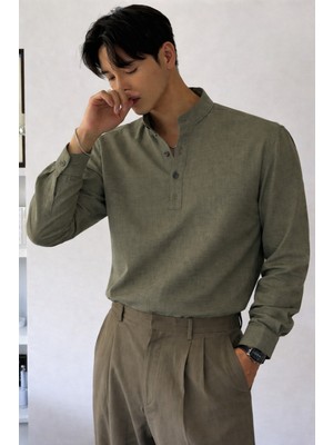 Tarz Cool Keten Karışımlı 3 Düğmeli Hakim Yaka Erkek Gömlek Slim Kesim Yazlık Şık