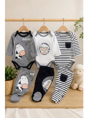 Bubito Kuzu ve Inek Görselli Bebek 6'lı Alt Üst Takım Seti Gri Beyaz Çizgili