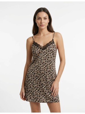 Glanz İç Giyim Kadın Desenli Dantel Detaylı Ip Askılı Penye Gecelik