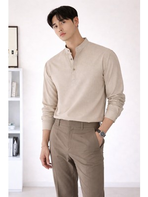 Tarz Cool Keten Karışımlı 3 Düğmeli Hakim Yaka Erkek Gömlek Slim Kesim Yazlık Şık