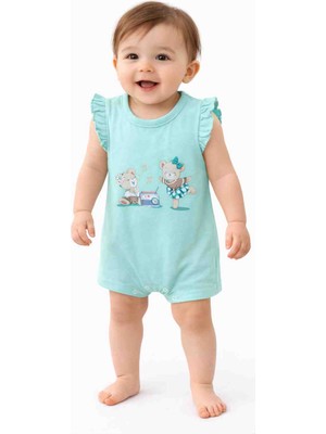 Kral Bebe Kız Bebek Mint Yeşili Tulum – Fırfır Kollu Ayıcıklı Yazlık Tulum