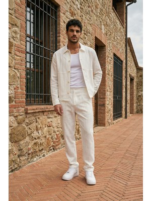 Livio Ferri Talbot Premium Keten Desenli Düğmeli Ceket Pantolon Erkek Takım Relax Kalıp