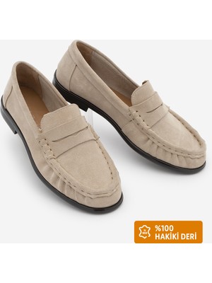 Marjin Kadın Hakiki Deri Oval Burun Makosen Dikişli Büzgülü Loafer Günlük Ayakkabı Lefora Bej Süet