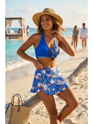 Signature Style 725714_KADIN Hawai Desenli Volanlı Şort Etekli Çapraz Geçişli Croplu Deniz/havuz Mayosu