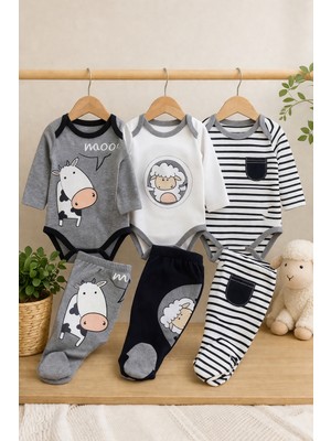 Bubito Kuzu ve Inek Desenli Çok Renkli 3'lü Bebek Alt Üst Takım Erkek Çocuk İçin Eğlenceli Tasarım