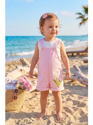 Babymod Çiçek Nakışlı 100% Pamuk Kız Bebek 2'li Salopet  Tulum