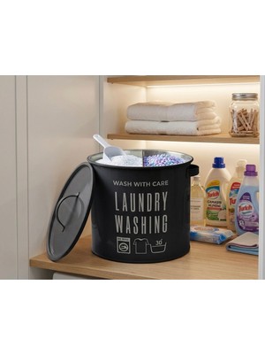 Misra Home Collection 2 Bölmeli Kapaklı Deterjan Kutusu Baskılı Laundry Siyah