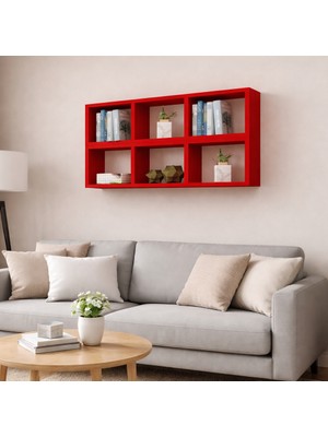 Dekormer Design Kitaplık Yatay Lux Duvar Rafı Mobilya Takım Kırmızı
