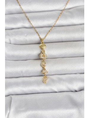 tp 316L Çelik Gold Renk Deniz Temalı Y Model Zirkon Taşlı Kadın Kolye - Lisinya