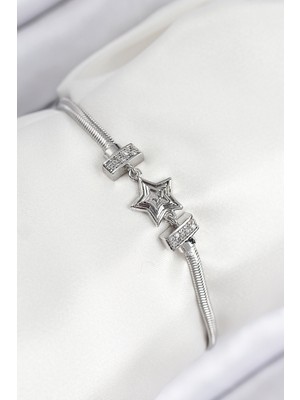 Pirinç Zirkon Taşlı Yıldız Model Gümüş Renk Kadın Bileklik - Lisinya