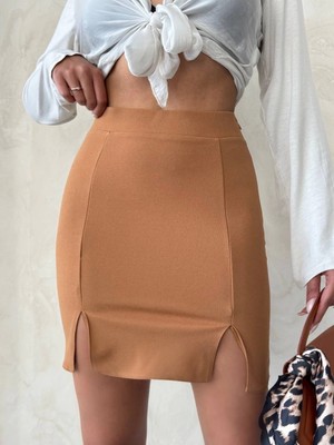 Ne Lazım Bana Çift Yırtmaçlı Etek Camel S25910