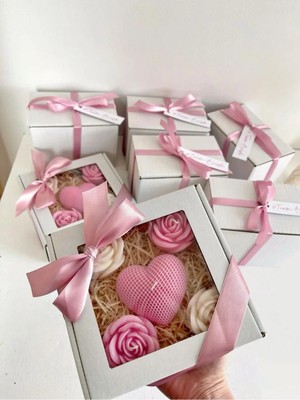 Çağıl Candles Pembe Konsept Mum Özel Gün Hediye Kutusu | Kalp & Gül Mum Seti