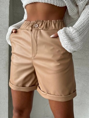 Chic Haven Beli Lastikli Duble Paça Deri Şort Bej W24755