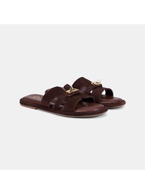 Desa Kadın Acı Kahve Gold Kilit Detaylı Süet Terlik