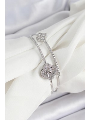 Pirinç Gümüş Renk Zirkon Taşlı Yonca Model 2'li Kadın Bileklik - Lisinya