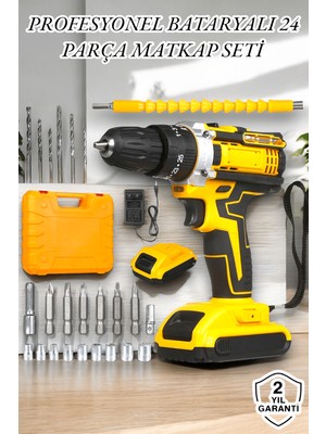Tech Butiq 24 Parça Çift Bataryalı Şarjlı Matkap Seti 24W Motor ve Otomatik Mil Kilitli Tasarım