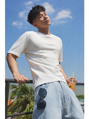 Tarz Cool Erkek Jakarlı Oversize Tişört Bisiklet Yaka Rahat Kalıp Yazlık Basic T-Shirt