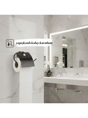 Yapışkanlı Tuvalet Kağıdı Askısı | Kapaklı Paslanmaz Metal Wc Kağıtlık | 10 * 10 cm Siyah Renk | Delmesiz Kolay Kurulum
