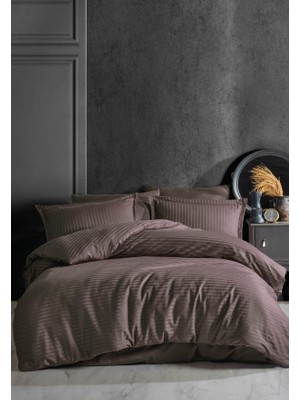 Chic Haven Çizgili Tek Kişilik Saten Nev Takımı Koyu Kahve
