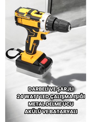 Tech Butiq Metal Dişli 24W Akülü Matkap -Çift Bataryalı ve LED Çalışma Işığı ile Tam Set