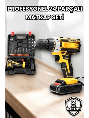 Tech Butiq Metal Dişli 24W Akülü Matkap -Çift Bataryalı ve LED Çalışma Işığı ile Tam Set