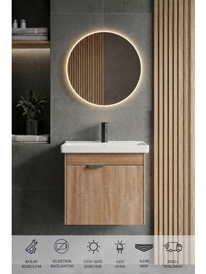 Karen Banyo Kasırga Sonomo 50 Cm, LED Aynalı, Banyo Dolabı Seti, Seramik Lavabo Dahil, Sonomo, Mdf, Led'li