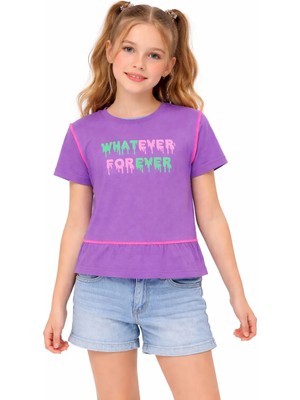 Owana Kız Çocuk Whatever Yazı Desenli Mor Renk Kısa Kol Tişört